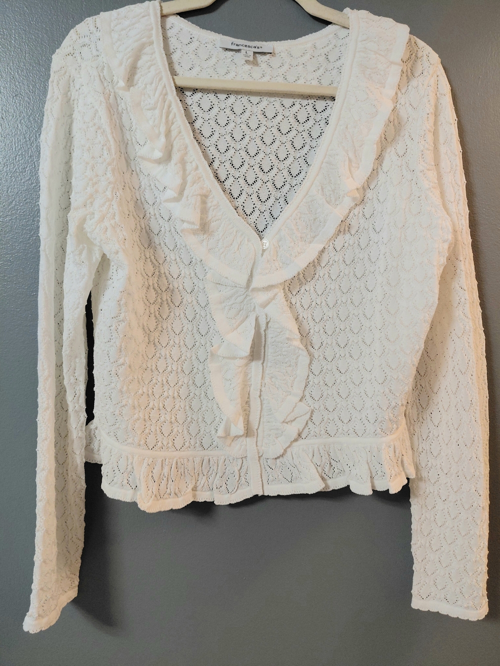 Francesca's Collections Cream Lace Ruffle V-Neck Cardigan